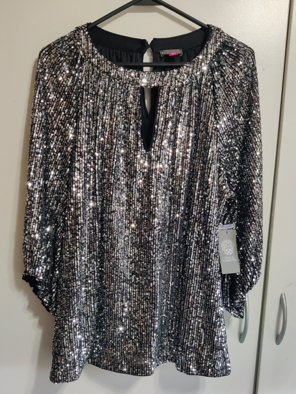 Vince Camuto Silver Sequin Keyhole Blouse